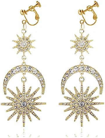 Exaggerated Luxury Sun Moon Star Clip on Earrings for Women Girls Rhinestone Punk Crescent Stars Dangle Earrings Golden Boho Vintage Earrings (Gold)