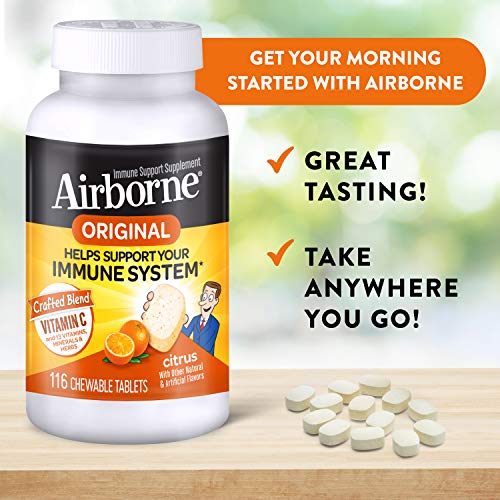 Airborne Citrus Chewable Tablets (116Ct), Vitamin C 1000Mg (Per Serving), Gluten-Free Immune Support Supplement, With Vitamins A C E, Zinc, Selenium, Echinacea & Ginger, Antioxidants (Pack Of 2) #TOP1