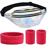 Tacobear 80er Gürteltasche Damen Bauchtasche Verstellbarer Schultertaschen 80er Jahre Outfit Damen Rosarot Farbe Armbänder Stirnband 80er Jahre Accessoires Outfit Party Kostüm Neon Herren Damen