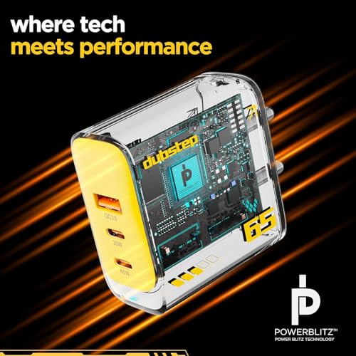 Image of Dubstep Sprint 65W GaN Superfast Wall Charger with Type-C to Type-C Cable, 65W Output Compatible with MacBook & Type-C Laptop Charging, iPhone, Samsung, OnePlus, Nothing (Black /Yellow)