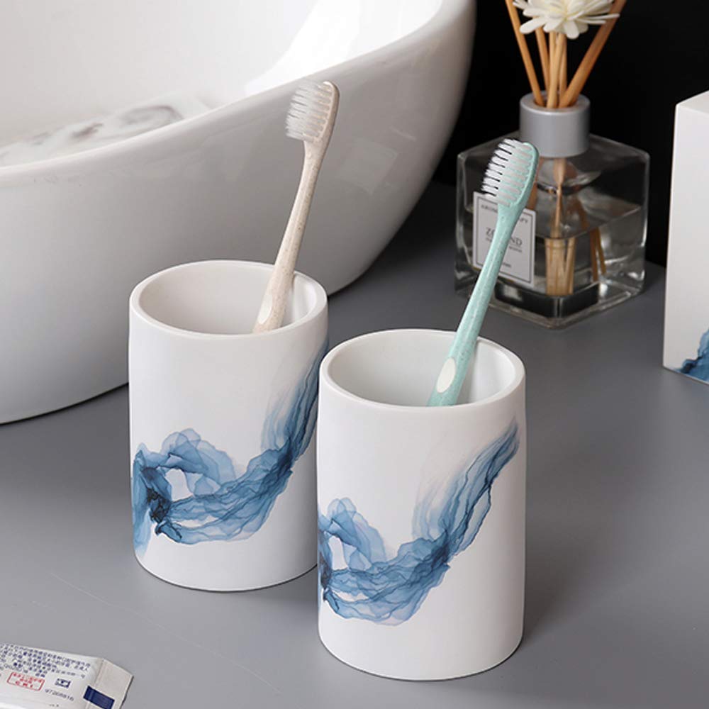 Estilo Antiguo Juego de Accesorios de Baño de Resina Conjunto de Baño con Porta Cepillo de Dientes, 2 Tazas, Dispensador de Jabón Líquido, Jabonera, Azul Impreso,Without Tray