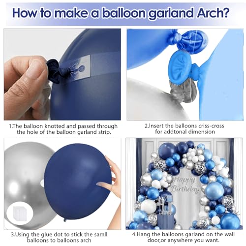 Image of Blocesa Navy Blue White Silver Balloons Arch Kit, Latex, Party Decor.