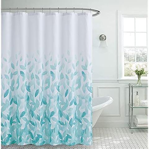 Creative Home Ideas CHI Clarisse Faux Linen Textured Shower Curtain, Aqua Ombre Leaves Cover