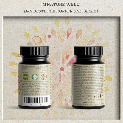 Biotin hochdosiert 10.000 mcg - 365x Biotin Tabletten als Komplex mit Zink & Selen - Vitalstoffe für Haarwuchs, Haut & Nägel - laborgeprüft mit Zertifikat - 100% vegan - Vorratspack für 1 Jahr