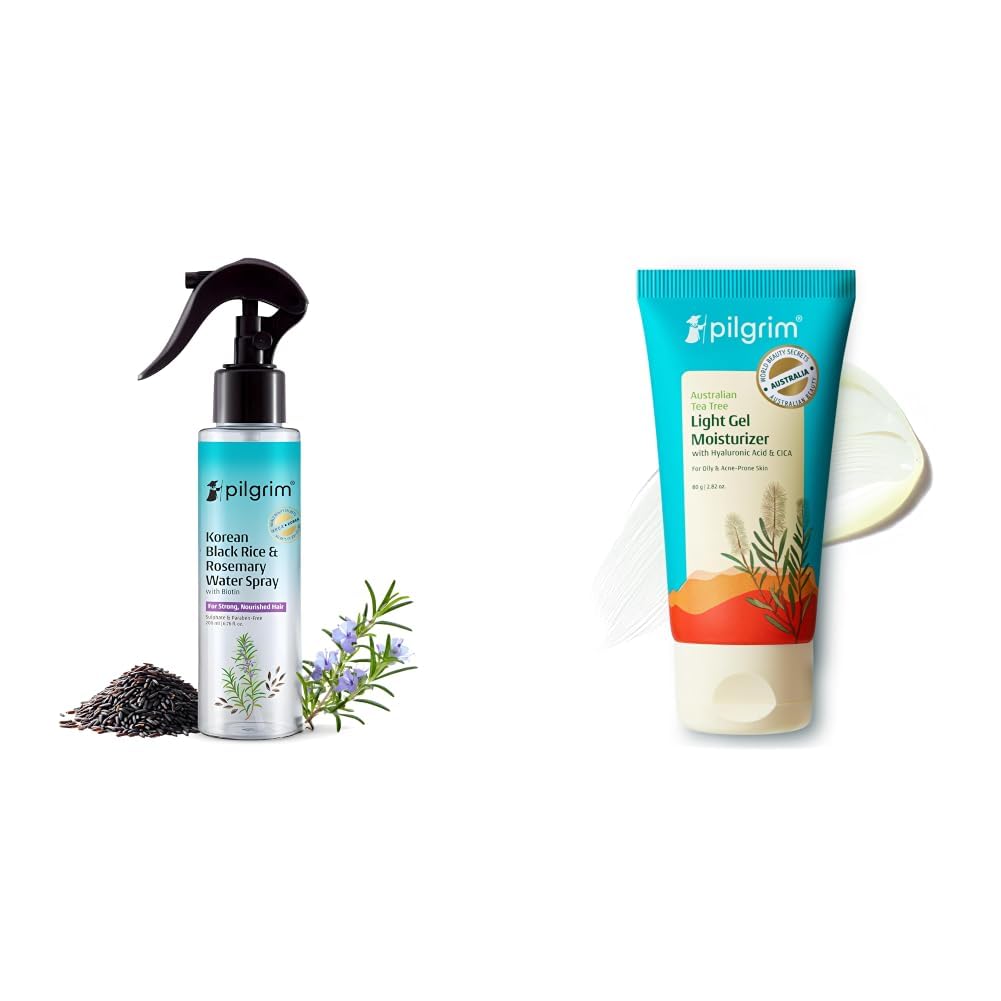 Pilgrim Korean Black Rice and Rosemary Water Spray With Biotin For Strong, Nourished Hair 200ml & Australian Tea Tree Light Gel moisturizer for face for oily & acne prone skin with Hyaluronic a-picture-35