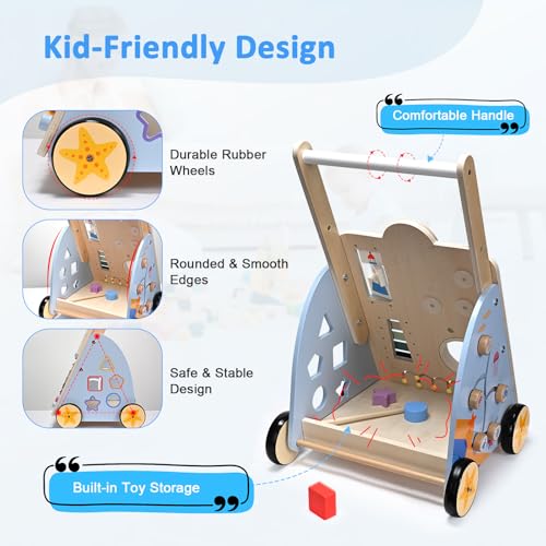 Lauflernwagen Holz, Lauflernwagen Baby Lauflernhilfe mit Rädern & Bauklötzen Spielgeräte Aktivitätszentrum Set, Multifunktion Baby Walker Spielzeug Geschenk für Kleinekinder Kinder 10 Mon. - 1-2 Jhr.