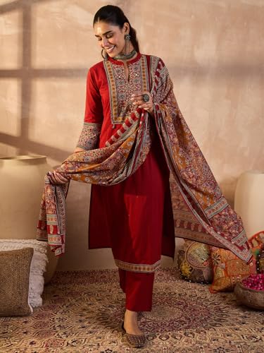 Image of INDO ERA Women's Straight Pure Cotton Floral Self Design Kurta & Pant With Dupatta Set | Kurta Sets For Woman