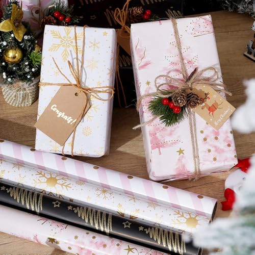 Geschenkpapier Weihnachten 4 Rollen Set, Gold geschenkpapier rolle, Weihnachtsgeschenkpapier Christmas Geschenkfolie Weihnachtspapier Xmas Wrapping Paper Mit Aufkleber Tags Papierseilen 43 * 300cm