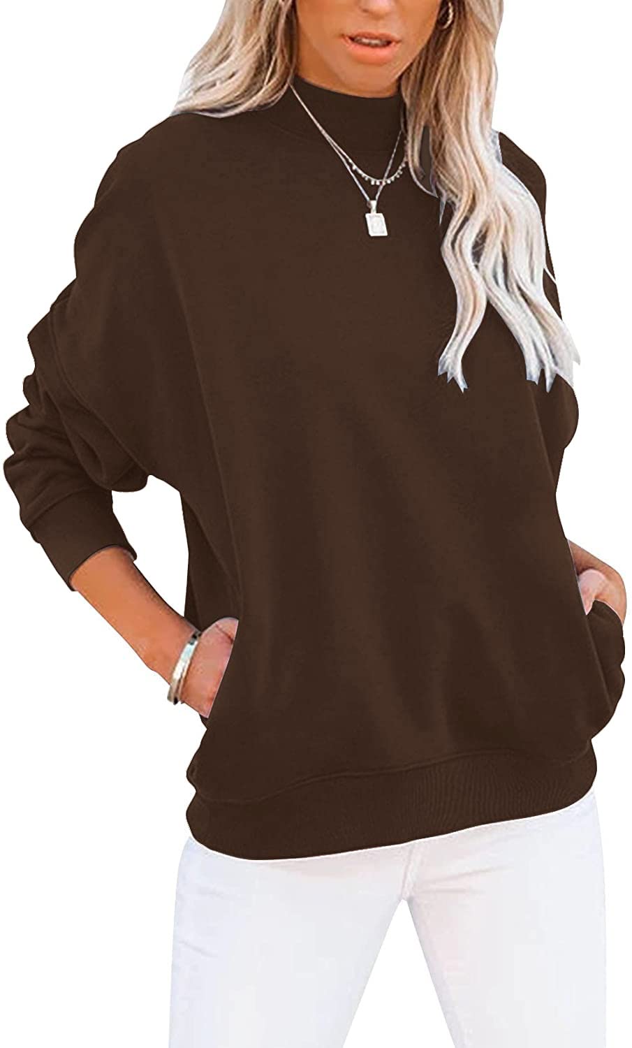 Ezbelle Women Long Sleeves Mock Turtleneck Crewneck Sweatshirt Casual Pullover Tunic Sweater Ribbed Cuffs Pocket Coffee X-Large