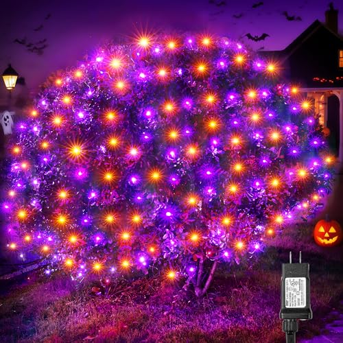BlcTec Halloween Lights Outdoor 200 LED 8.4ft x 5.2ft Orange Purple Net Lights with 8 Modes Timer UL Certified Connectable Memory Waterproof for Lawn Trees Bushes Outdoor Halloween Decorations