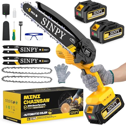 SINPY Mini motosierra a batería para poda, 2 x 4000 mAh, 880 W, sierra eléctrica con bomba de aceite y bloqueo de seguridad, motosierra eléctrica portátil para el corte de la madera y jardines