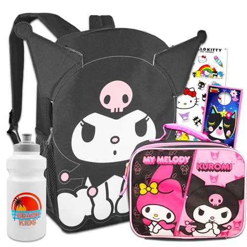 Image of Kuromi Backpack and Lunch Box Set for Girls - Bundle with 16” Kuromi Backpack, Lunch Bag, Water Bottle, Stickers, More | Hello Kitty and Friends Backpack Set