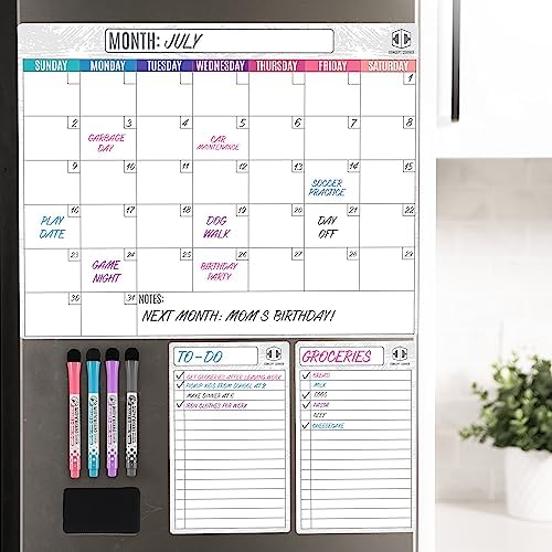Magnetic Calendar for Fridge Dry Erase 16.5x13, 2 Notepads, 4 Markers, Eraser - No Stain Dry Erase Calendar for Fridge Magnetic