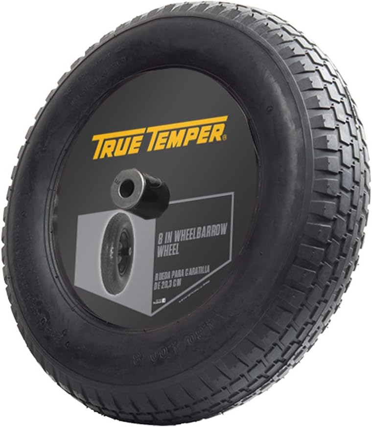 True Temper T22CC 8 in. Hub Tubed Wheelbarrow Tire Wheel with Ribbed Tread, 8-Inch, Black
