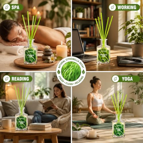 Image of STRN Lemongrass Reed Diffusers, Citronella Reed Diffuser Set, 200ML with 6 Sticks for Summer Indoor Outdoor, Bathroom, Bedroom, Office, Home Decorations Refreshing Scent Diffuser 6.8 fl.oz