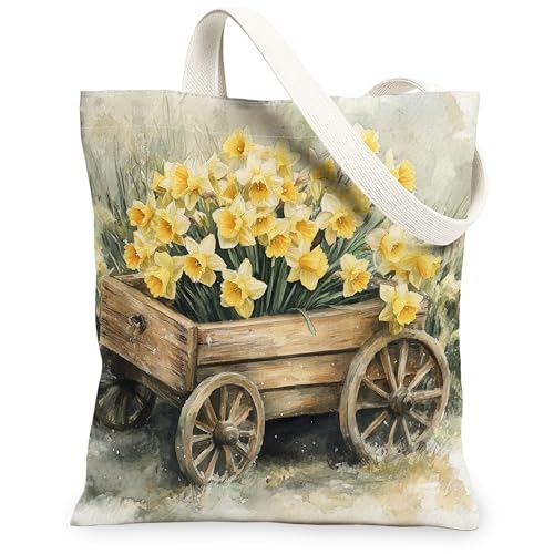 Spring Watercolor Daffodil Flower Canvas Tote Bag for Shoppi