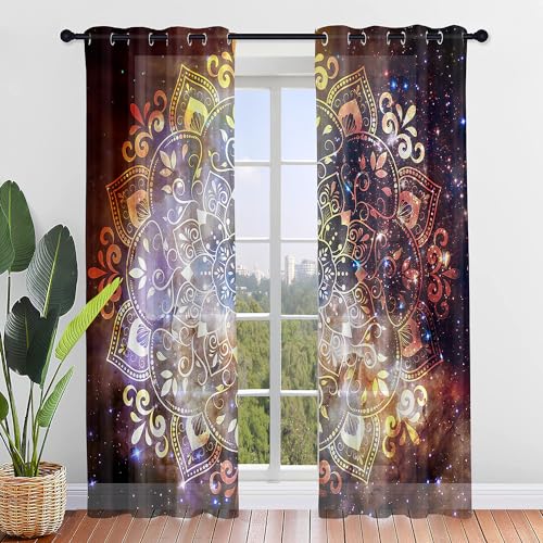 Surwin 3D Mandala Translucidas Cortinas Salon, 2 Piezas Cortina con Ojales, Cocina Dormitorio Cortinas y Moderno Visillos Visillos Cortos para Ventanas (132x244cm,Mandala)