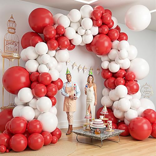 Image of 412Pcs Red and White Balloon Garland Arch kit, 18 12 10 5 Inch Different Size Red White Latex Balloons for Graduation Birthday Wedding Party Valentine's Day Decoration