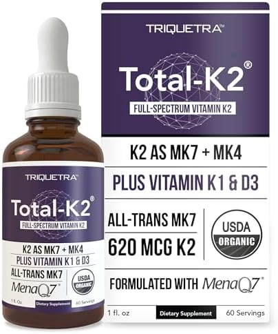 Total K2® | Vitamin K2 as MK7 & MK4 | Plus K1 & Vitamin D3 Cofactor – 620 mcg K2 per Serving – All-Trans MK7 from MenaQ7® – Full-Spectrum Vitamin K – Vegan, Organic Certified (Liquid 1 oz)