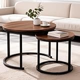 Erlium Runder Couchtisch 2er Set, Wohnzimmertisch mit Schwarz Metallgestell, Beistelltisch Set, Couchtisch mit Glatter Holzoptik, Sofatisch für Wohnzimmer, Schlafzimmer und Büro, Walnuss