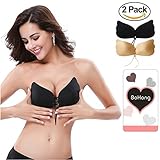 BoHong Strapless Self Adhesive Silicone Reusable Invisible Push-up Wing-Shaped Bras 2 PACK, Black Beige, C Cup
