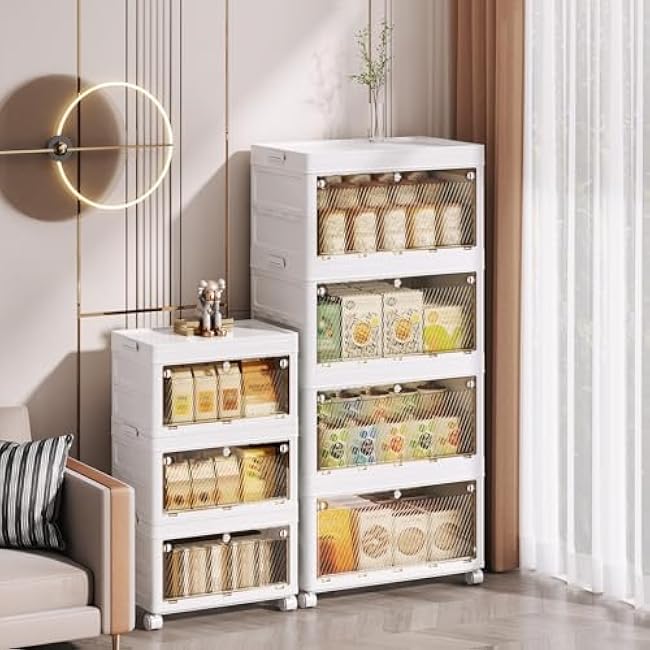 Hobetta Storage Bins with Lids, Folding Storage Box with Handle and Wheels, Stackable Closet Organizers, Plastic Storage Cabinet for Bedroom Study Office, 1PC