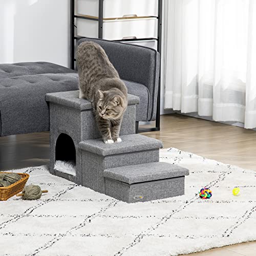 PawHut Hundetreppe 3 Stufen 40,5 cm Hoch Haustiertreppe mit Höhle Kissen Stauraum Katzentreppe für Kleine Hunde Hunderampe mit Waschbar Bezug Einstiegshilfe für Bett, Sofa, Couch und Auto Hellgrau