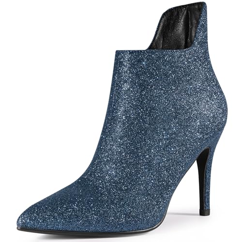 Allegra K Women's Glitter Pointed Toe Cutout Sparkly Stiletto Heels Navy Blue Ankle Boots 8 M US