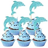 12 PCS Glitter Blue Dolphin Cupcake Toppers, Ocean Theme Cake Decor for Dolphin Themed Birthday Parties or Baby Showers