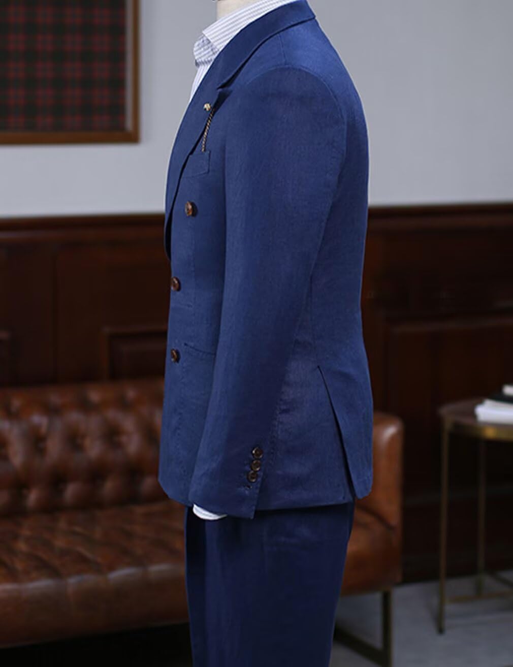 Double Breasted Peak Lapel Blazer Jacket for Men Linen Slim Fit Wedding Business Casual Sport Coats