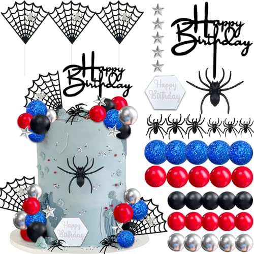 42pcs Spider Cake Topper Balls Cake Decorations with Spider Web Black Red Silver and Glitter Blue Balls for Boys Men Baby Shower Birthday Party Supplies