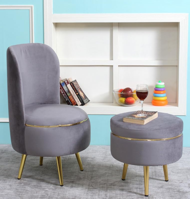 Image of Ottoman for Living Room, Velvet Round Foot Rest Stool, Metal Legs Chair for Sitting, Puffy for Bedroom & Makeup Room Decor | Chair (18 inchx18 inchx32 inch), Puffy (16 inchx16 inchx17 inch) | (Combo-Grey)