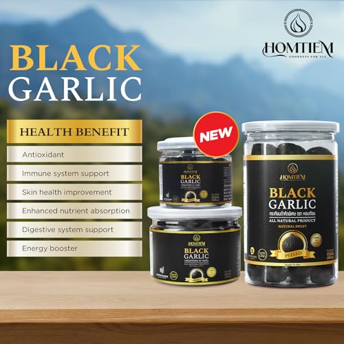 Image of Homtiem Black Garlic, Whole & Peeled, Fermented for 90 Days, Ready to Eat, Non-GMO, No Additives (3.53 Ounce (Pack of 1), Peeled)