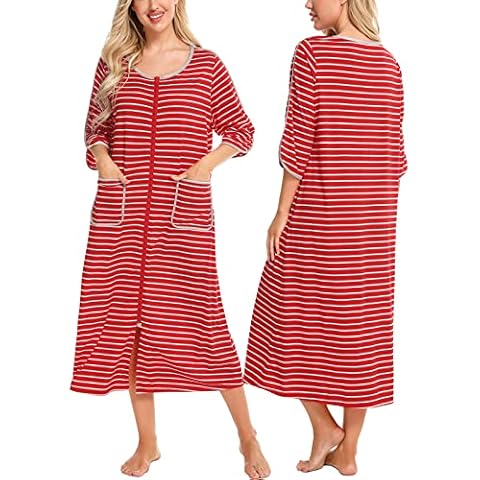 Womens Zipper Front Robes Half Sleeve Housecoat Long Housedress Ladies Loose Bathrobes with Pockets(Red Pat2, L) Cover