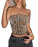 LEBOOBELL Bandeau sans Bretelles Femme Été Top Paillettes Léopard Antidérapant Bustier Moulant Respirant pour Quotidien Soirée Club Festival et Vacances Marron L