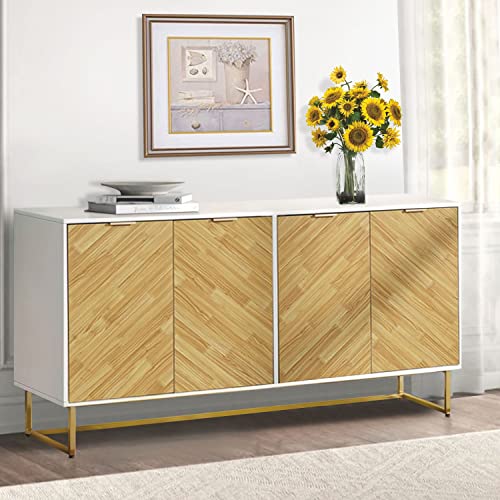 Modern Sideboard Buffet Cabinet, 55’’ Kitchen Buffet Storage Cabinet With Doors, White Sideboards And Buffets With Storage, Sideboards Storage Cabinet With Gold Metal Legs, Credenzas For Living Room #TOP13