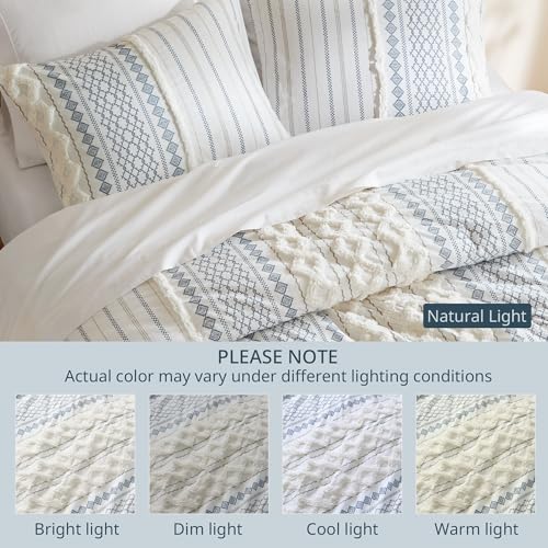 Image of Ink+Ivy King Comforter Set, Boho Comforters, Breathable Cotton Bed Set, All Season Modern Chenille Tufted Comforter with Farmhouse Bedding Flare, Gifts for Woman, White /Navy 3 Piece