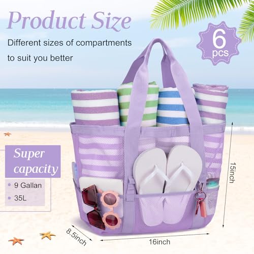 Image of Hillban Large Beach Mesh Bags Bulk for Women Beach Tote Bag with 8 Pocket Zipper Waterproof Sandproof for Pool Cruise Ship