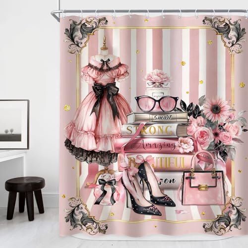 Riyidecor Black Pink Women Girls Stripe Dress Bathroom Shower Curtain Set