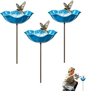 3PCS Handmade Metal Flower Garden Stakes, Outdoor Bird Bath Butterfly & Bee Water Feeder Station, Decorative Garden Stakes for Lawn Yard Patio Outdoor Decor