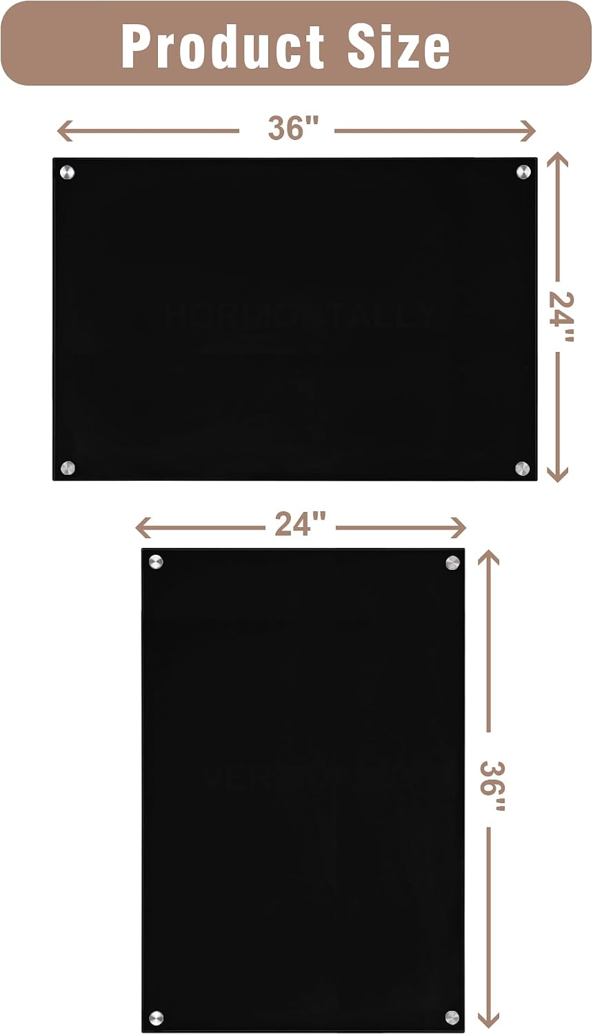 Mifuro Magnetic Glass Whiteboard，36"x24" Wall Mounted Frameless Dry Erase Board for Office, Home & School Black