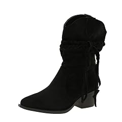 Womens Suede Pointed Toe High Heel Mid-Calf Boots With Adjustable Elastic Strap Cowboy Boots Suitable For Dating Travel