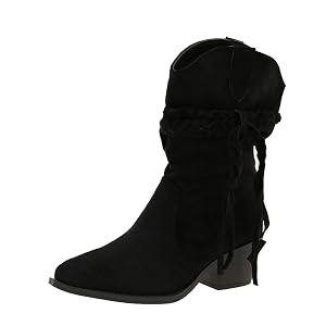 Womens Suede Pointed Toe High Heel Mid-Calf Boots With Adjustable Elastic Strap Cowboy Boots Suitable For Dating Travel