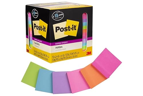 Super Sticky Notes, Assorted Bright Colors, 3x3 in, 15 Pads/Pack,