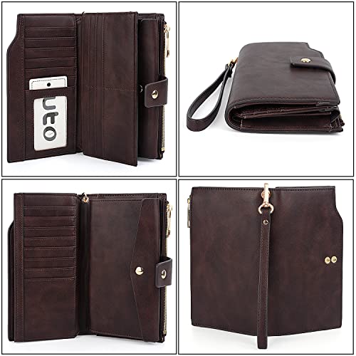 Image of UTO Women's RFID Blocking Large Capacity Vegan Leather Clutch Wallet 21 Card Slots Holder Organizer Ladies Veganrse with Wristlet A Coffee
