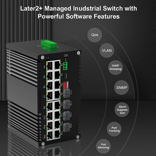 Image of Industrial Gigabit L2 Managed PoE Switch - 16 Ports 10 /100 /1000Mbps Web Management DIN Rail PoE Switch with 4 SFP Slots, Network PoE Switch Support ERPS, Ring Network, VLAN, STP, LACP, QOS
