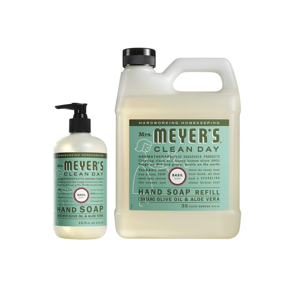 Mrs. MEYER'S CLEAN DAY Basil Hand Soap and Refill Variety Pack, 12.5 oz & 33 oz. (Pack of 2)