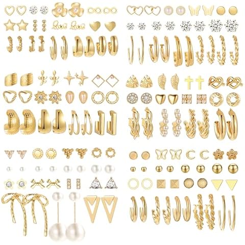 82 Pairs Gold Earrings for Women Trendy, Pearl Bow Small Hoop Stud Earrings Pack, Earring Set Multiple Piercing for Birthday Party Gift Cover