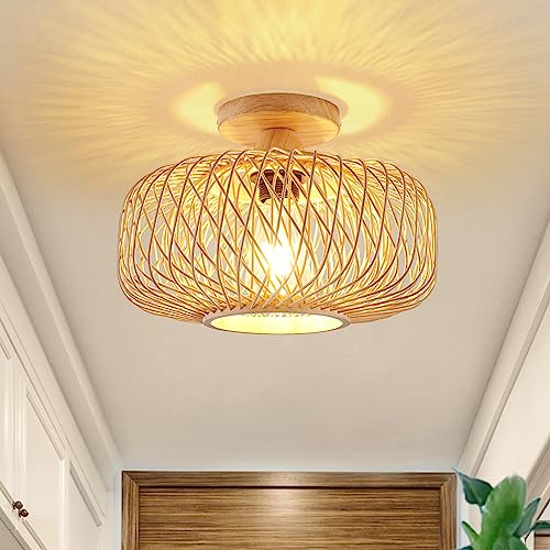 Capslapd Woven Bamboo Rattan Flush Mount Ceiling Light Fixture Handmade Boho Light Fixtures Farmhouse Ceiling Light Mini Chandelier For Living Room,Kitchen,Bedroom,Corridor,Hallway,Entryway,Kids Room #TOP27