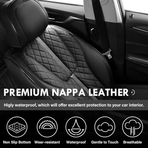 Image of Coverado Leather Car Seat Covers Full Set, Luxury Diamond-Pattern Black Leather Seat Covers & Carbon Fiber, Waterproof Car Seat Protector, 5 Seats Automotive Seat Covers Universal Fit for Most Cars